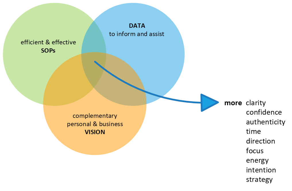 a venn diagram showing more clarity, confidence, authenticity, time, direction, focus, energy, intention, strategy at the intersection of complementary personal and business visions, effective and efficient SOPs, and data to inform and assist